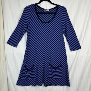 Inside Out Blue & Black Striped Asymmetrical Dress Size Large 3/4 Sleeve Lagen